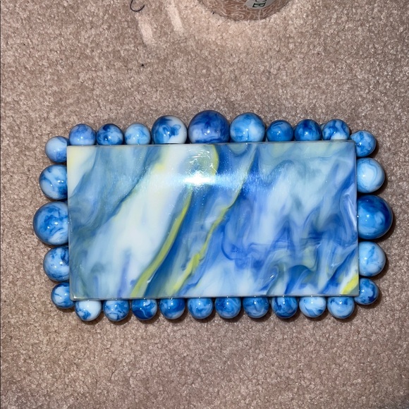 NWOT blue white yellow Acrylic Clutch Women Pearl marble Clutch Box hard Purse - Picture 2 of 5